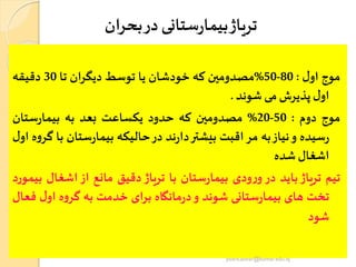 ‫بحران‬‫در‬ ‫ستانی‬‫ر‬‫بيما‬‫ترياژ‬
‫موج‬‫ل‬‫او‬:80-50%‫مصدومین‬‫كه‬‫خودشان‬‫يا‬‫توسط‬‫ديگران‬‫تا‬30‫دقيقه‬
‫ل‬‫او‬‫پذیرش‬‫می‬‫شوند‬.
‫موج‬‫دوم‬:50-20%‫مصدومین‬‫كه‬‫حدود‬‫يكساعت‬‫بعد‬‫به‬‫ستان‬‫ر‬‫بیما‬
‫سیده‬‫ر‬‫و‬‫نياز‬‫به‬‫اقبت‬‫مر‬‫بيشتر‬‫ند‬‫ر‬‫دا‬‫در‬‫حاليكه‬‫ستان‬‫ر‬‫بيما‬‫ب‬‫ا‬‫ه‬‫و‬‫گر‬‫ل‬‫او‬
‫ال‬ ‫اش‬‫شده‬
‫تيم‬‫ترياژ‬‫بايد‬‫در‬‫ودی‬‫ر‬‫و‬‫ستان‬‫ر‬‫بيما‬‫با‬‫ترياژ‬‫دقيق‬‫مانع‬‫از‬‫ال‬ ‫اش‬‫بیمورد‬
‫تخت‬‫های‬‫ستانی‬‫ر‬‫بیما‬‫شوند‬‫و‬‫مانگاه‬‫ر‬‫د‬‫برای‬‫خدمت‬‫به‬‫ه‬‫و‬‫گر‬‫ل‬‫او‬‫فعال‬
‫شود‬
yosra.anvar@komar.edu.iq
 