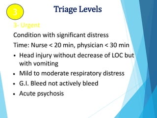 3- Urgent
Condition with significant distress
Time: Nurse < 20 min, physician < 30 min
• Head injury without decrease of LOC but
with vomiting
Mild to moderate respiratory distress
G.I. Bleed not actively bleed
Acute psychosis
•
•
•
Triage Levels
3
 