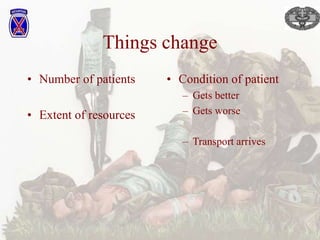 Things change
• Number of patients
• Extent of resources
• Condition of patient
– Gets better
– Gets worse
– Transport arrives
 