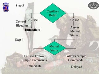 Capillary
Refill
< 2 sec
> 2 sec
Immediate
Control
Bleeding
Assess
Mental
Status
Mental
Status
Follows Simple
Commands
Fails to Follow
Simple Commands
Immediate Delayed
Step 3
Step 4
 