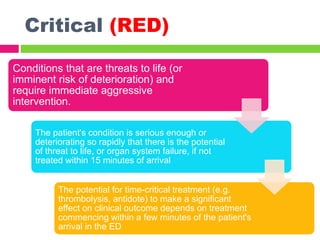 Critical (RED)
Conditions that are threats to life (or
imminent risk of deterioration) and
require immediate aggressive
intervention.
The patient's condition is serious enough or
deteriorating so rapidly that there is the potential
of threat to life, or organ system failure, if not
treated within 15 minutes of arrival
The potential for time-critical treatment (e.g.
thrombolysis, antidote) to make a significant
effect on clinical outcome depends on treatment
commencing within a few minutes of the patient's
arrival in the ED
 