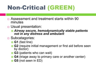 Non-Critical (GREEN)
 Assessment and treatment starts within 90
minutes
 Usual presentation:
 Airway secure, hemodynamically stable patients
not in any distress and ambulant
 Subcatagories:
 G1 (fast line)
 G2 (require initial management or first aid before seen
by doctor)
 G3 (patients who can wait)
 G4 (triage away to primary care or another center)
 G5 (not seen in ED)
 