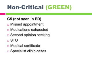 Non-Critical (GREEN)
G5 (not seen in ED)
 Missed appointment
 Medications exhausted
 Second opinion seeking
 STO
 Medical certificate
 Specialist clinic cases
 