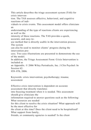 Triage Assessment Form Crisis Intervention By R A Myer Docx