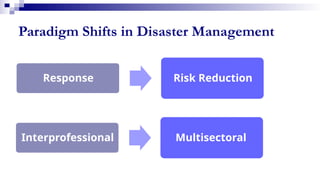 Paradigm Shifts in Disaster Management
Response Risk Reduction
Interprofessional Multisectoral
 