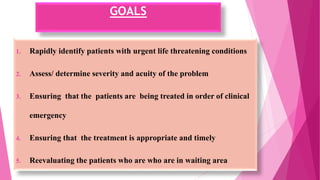 GOALS
1. Rapidly identify patients with urgent life threatening conditions
2. Assess/ determine severity and acuity of the problem
3. Ensuring that the patients are being treated in order of clinical
emergency
4. Ensuring that the treatment is appropriate and timely
5. Reevaluating the patients who are who are in waiting area
 