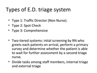 Types of E.D. triage system Type 1: Traffic Director (Non Nurse). Type 2: Spot Check Type 3: Comprehensive Two-tiered systems: intial screening by RN who greets each patients on arrival, perform a primary survey and determine whether the patient is able to wait for further assessment by a second triage nurse. Divide tasks among staff members, internal triage and external triage 