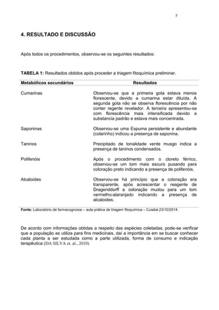 7 
4. RESULTADO E DISCUSSÃO 
Após todos os procedimentos, observou-se os seguintes resultados: 
TABELA 1: Resultados obtidos após proceder a triagem fitoquímica preliminar. 
Metabólicos secundários 
Resultados 
Cumarinas 
Observou-se que a primeira gota estava menos florescente, devido a cumarina estar diluída. A segunda gota não se observa florescência por não conter regente revelador. A terceira apresentou-se com florescência mais intensificada devido a substancia padrão e estava mais concentrada. 
Saponinas 
Observou-se uma Espuma persistente e abundante (colarinho) indicou a presença de saponina. 
Taninos 
Precipitado de tonalidade verde musgo indica a presença de taninos condensados. 
Polifenóis 
Alcaloides 
Após o procedimento com o cloreto férrico, observou-se um tom mais escuro puxando para coloração preto indicando a presença de polifenóis. 
Observou-se há princípio que a coloração era transparente, após acrescentar o reagente de Dragenddorff a coloração mudou para um tom vermelho-alaranjado indicando a presença de alcaloides. 
Fonte: Laboratório de farmacognosia – aula prática de triagem fitoquímica – Cuiabá 23/10/2014. 
De acordo com informações obtidas a respeito das espécies coletadas, pode-se verificar que a população as utiliza para fins medicinais, daí a importância em se buscar conhecer cada planta a ser estudada como a parte utilizada, forma de consumo e indicação terapêutica (DA SILVA et. al., 2010) 
 