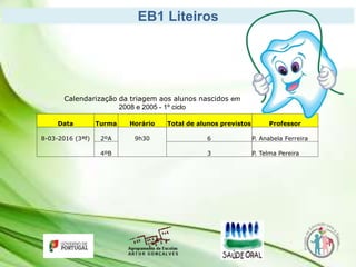 EB1 Liteiros
Calendarização da triagem aos alunos nascidos em
2008 e 2005 - 1º ciclo
Data Turma Horário Total de alunos previstos Professor
8-03-2016 (3ªf) 2ºA 9h30 6 P. Anabela Ferreira
4ºB 3 P. Telma Pereira
 