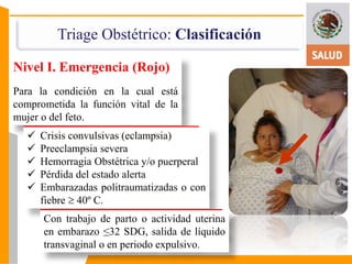 Triage Obstétrico: Clasificación 
Nivel I. Emergencia (Rojo) 
Para la condición en la cual está 
comprometida la función vital de la 
mujer o del feto. 
 Crisis convulsivas (eclampsia) 
 Preeclampsia severa 
 Hemorragia Obstétrica y/o puerperal 
 Pérdida del estado alerta 
 Embarazadas politraumatizadas o con 
fiebre  40º C. 
Con trabajo de parto o actividad uterina 
en embarazo ≤32 SDG, salida de líquido 
transvaginal o en periodo expulsivo. 
 