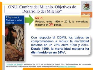 ONU. Cumbre del Milenio. Objetivos de 
Desarrollo del Milenio* 
META 
Reducir, entre 1990 y 2015, la mortalidad 
materna en 3/4 partes. 
Con respecto al ODM5, los países se 
comprometieron a reducir la mortalidad 
materna en un 75% entre 1990 y 2015. 
Desde 1990, la mortalidad materna ha 
disminuido en un 34%1. 
*Cumbre del Milenio, septiembre de 2000, en la ciudad de Nueva York. Representantes de 189 estados 
recordaban los compromisos adquiridos en los noventa y firmaban la Declaración del Milenio. 
 
