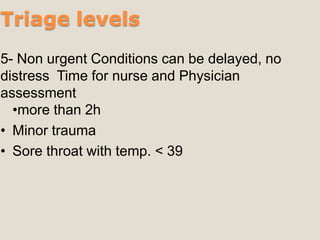 Triage levels
5- Non urgent Conditions can be delayed, no
distress Time for nurse and Physician
assessment
•more than 2h
• Minor trauma
• Sore throat with temp. < 39
 