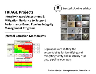 TRIAGE Projects
Integrity Hazard Assessment &
Mitigation Guidance to Support
Performance-Based Pipeline Integrity
Management Programs
Internal Corrosion Mechanisms
Regulations are shifting the
accountability for identifying and
mitigating safety and reliability risks
onto pipeline operators
© smart-Project Management Inc. 2009 - 2019
 