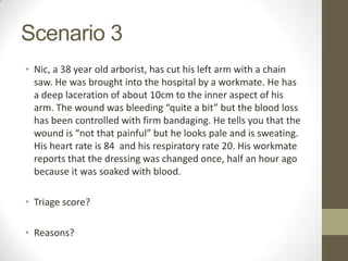 Scenario 3
• Nic, a 38 year old arborist, has cut his left arm with a chain
  saw. He was brought into the hospital by a workmate. He has
  a deep laceration of about 10cm to the inner aspect of his
  arm. The wound was bleeding “quite a bit” but the blood loss
  has been controlled with firm bandaging. He tells you that the
  wound is “not that painful” but he looks pale and is sweating.
  His heart rate is 84 and his respiratory rate 20. His workmate
  reports that the dressing was changed once, half an hour ago
  because it was soaked with blood.

• Triage score?

• Reasons?
 
