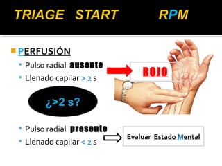 PERFUSIÓN 
 Pulso radial ausente 
 Llenado capilar > 2 s 
 Pulso radial presente 
 Llenado capilar < 2 s 
ROJO 
Evaluar Estado Mental 
¿>2 s? 
 