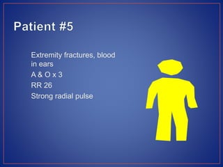 Extremity fractures, blood
in ears
A & O x 3
RR 26
Strong radial pulse
 