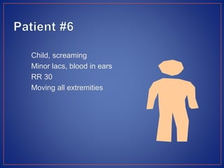 Child, screaming
Minor lacs, blood in ears
RR 30
Moving all extremities
 