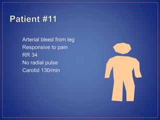 Arterial bleed from leg
Responsive to pain
RR 34
No radial pulse
Carotid 130/min
 