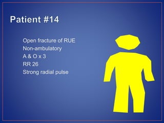 Open fracture of RUE
Non-ambulatory
A & O x 3
RR 26
Strong radial pulse
 