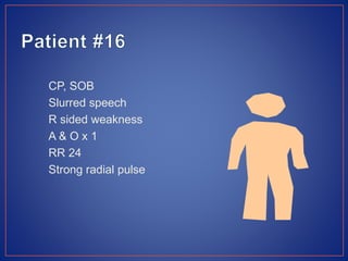 CP, SOB
Slurred speech
R sided weakness
A & O x 1
RR 24
Strong radial pulse
 