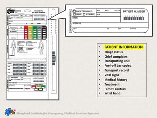 • PATIENT INFORMATION
• Triage status
• Chief complaint
• Transporting unit
• Peel-off bar codes
• Transport record
• Vital signs
• Medical history
• Treatment
• Family contact
• Wrist band
 