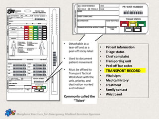 • Patient information
• Triage status
• Chief complaint
• Transporting unit
• Peel-off bar codes
• TRANSPORT RECORD
• Vital signs
• Medical history
• Treatment
• Family contact
• Wrist band
• Detachable as a
tear-off and as a
peel-off sticky label
• Used to document
patient movement
• Must be affixed to
Transport Tactical
Worksheet with the
unit, priority, and
destination marked
and initialed.
Commonly called the
“Ticket”
 