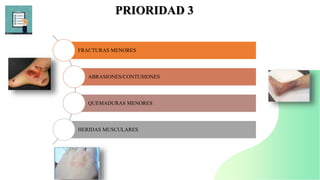 PRIORIDAD 3
FRACTURAS MENORES
ABRASIONES/CONTUSIONES
QUEMADURAS MENORES
HERIDAS MUSCULARES
 