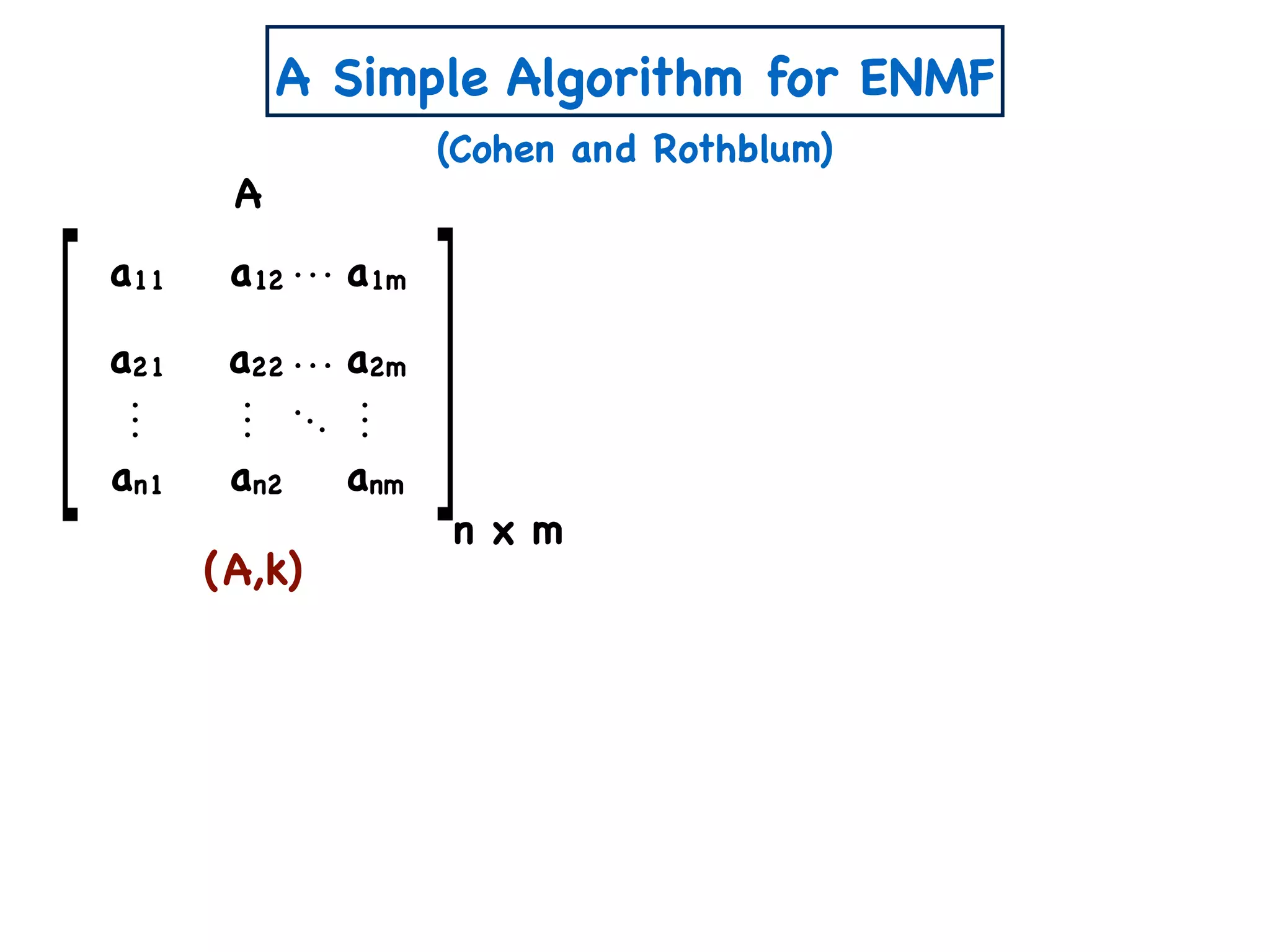(A,k)
n x m
A
a11 a12 a1m
a21 a22 a2m
an1 an2 anm
(Cohen and Rothblum)
A Simple Algorithm for ENMF
 