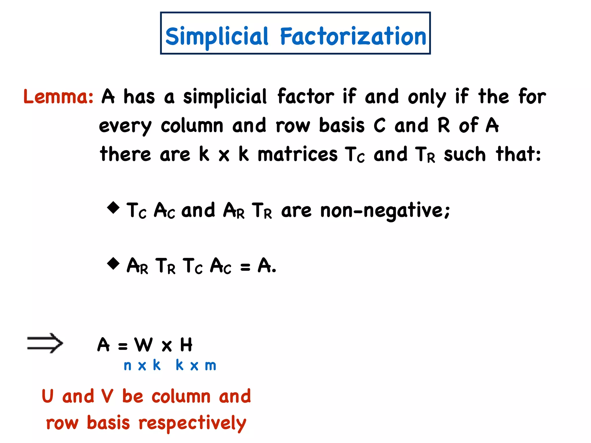 Simplicial Factorization
TC AC and AR TR are non-negative;
AR TR TC AC = A.
Lemma: A has a simplicial factor if and only if the for
every column and row basis C and R of A
there are k x k matrices TC and TR such that:
A = W x H
n x k k x m
U and V be column and
row basis respectively
 