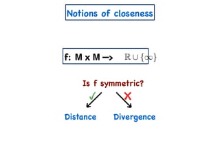 Notions of closeness
Is f symmetric?
Distance
f: M x M —> R [ {1}
Divergence
 