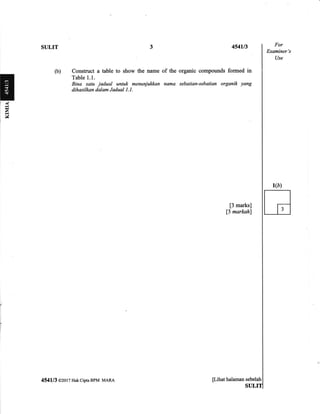 SULIT For
Examiner's
Use
(b) Conskuct a table to show the name of the organic compounds fonned in
Table 1.1.
Bina satu jadaat unh*k menunjukkan nama sebatian-sebatian organik yang
dihasilhan dalam J*dual l. L
[3 marks]
f3 markah)
454113 @2017 Hak cipta BPM MARA pihat halaman sebelah
 