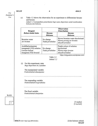 For
Examiner's
Use
1(cXi)
SULIT
(c)
454u3
Tab1e 1.2 shows the observation for an experiment to differentiate hexane
and hexene.
Jadual 1.2 menur$ukkan pemerhatian bagi suatu el<sperimen untuk membezakan
helrsana dan hel<sena.
Table 1.2
Jadual 1.2
(i) For this experiment, state
Bagi eksperimen ini, nyatalmn
The manipulated variable
P emb ol e hub ah dimanipul as i
The responding variable
P embo I ehub ah b ergerakb al as
The fixed variable
P emb o I ehub ah di mq.l arkan
[3 marks]
13 markahl
[Lihat halaman sebelah
SULIT
Reagent
Bahan tindak balas
0bservation
Pemerhatian
Ilexane
Heksana
Hexene
Heksena
Bromine water
Air bromin
No change
Tiada perubahan
Brown bromine water decolorized
Warna perang air bromin
dinyahwarnakan
Acidified potassium
manganate (VII) solution
Larutan kalium
manganat (VII) berasid
No change
Tiada perttbahan
Purple colour of solution
decolorized
Warna ttngtt larutan
dinyahwarnakan
4541,13 @2017 Hak cipta BPM MARA
https://cikguadura.wordpress.com/
 