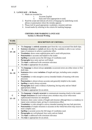 SULIT 3 
3. LANGUAGE - 20 Marks 
1. Marks are awarded for: 
i. Accurate English 
ii Style and Tone [appropriate to task] 
2. Read the script and indicate all errors of language by underlining word, phrase or punctuation where the mistake appears. 
3. Please tick for good appropriate vocabulary, structure and tone. 
4. Award marks by referring to the criteria for marking language. 
CRITERIA FOR MARKING LANGUAGE 
Section A: Directed Writing 
MARK RANGE DESCRIPTION OF CRITERIA 
A 
19 - 20 
 The language is entirely accurate apart from the very occasional first draft slips. 
 Sentence structure is varied and shows that the candidate is able to use various types of sentences to achieve a particular effect. 
 Vocabulary shows some sophistication and is used with precision. 
 Punctuation is accurate and helpful to the reader. 
 Spelling is accurate across the full range of vocabulary used. 
 Paragraphs have unity and are well linked. 
 The topic is addressed with consistent relevance 
 The tone is appropriate for an article. 
B 
16 - 18 
 The language is almost always accurate; occasional errors are either minor or first draft slips. 
 Sentences show some variation of length and type, including some complex sentences. 
 Vocabulary is wide enough to convey intended shades of meaning with some precision. 
 Punctuation is almost always accurate and generally helpful to the reader. 
 Spelling is nearly always accurate. 
 Paragraphs show some evidence of planning, having unity and are linked appropriately linked. 
 The tone is appropriate for an article. 
C 
13 - 15 
 The language is largely accurate to communicate meaning clearly to the reader. 
 Simple structures are used without error; mistakes may occur when more sophisticated structures are attempted. 
 Sentences show some variety of length and structure although there is a tendency to repeat some sentence types, giving it a monotonous effect. 
 Vocabulary is wide enough to convey intended meaning but may lack precision. 
 Punctuation of simple structures is accurate on the whole but errors may occur in more complex uses. 
 Spelling is accurate across the full range of vocabulary used. 
 Paragraphs are well-planned, have unity and are linked. 
 The topic is addressed with consistent relevance 
 The tone is appropriate for an article.  