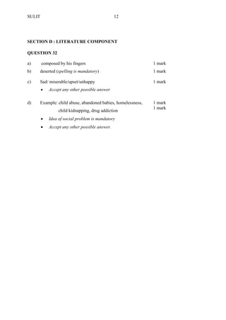 SULIT 12 
SECTION D : LITERATURE COMPONENT 
QUESTION 32 
a) 
composed by his fingers 
1 mark 
b) 
deserted (spelling is mandatory) 
1 mark 
c) 
Sad/ miserable/upset/unhappy 
 Accept any other possible answer 
1 mark 
d) 
Example: child abuse, abandoned babies, homelessness, 
child kidnapping, drug addiction 
 Idea of social problem is mandatory 
 Accept any other possible answer. 
1 mark 
1 mark 
 