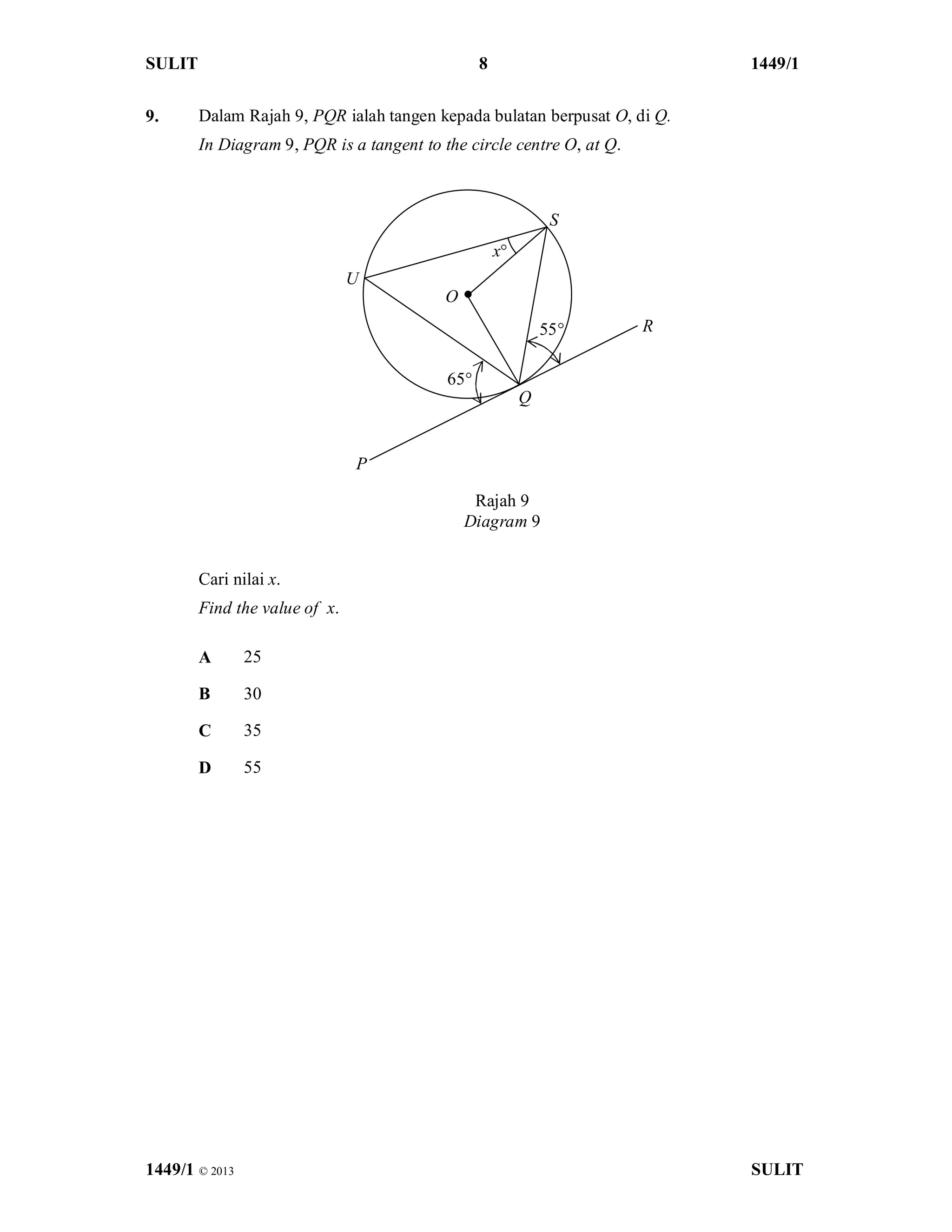 SULIT 8 1449/1
1449/1 © 2013 SULIT
9. Dalam Rajah 9, PQR ialah tangen kepada bulatan berpusat O, di Q.
In Diagram 9, PQR is a tangent to the circle centre O, at Q.
Cari nilai x.
Find the value of x.
A 25
B 30
C 35
D 55
Rajah 9
Diagram 9
x°
65°
55°
P
Q
R
S
U
O
 