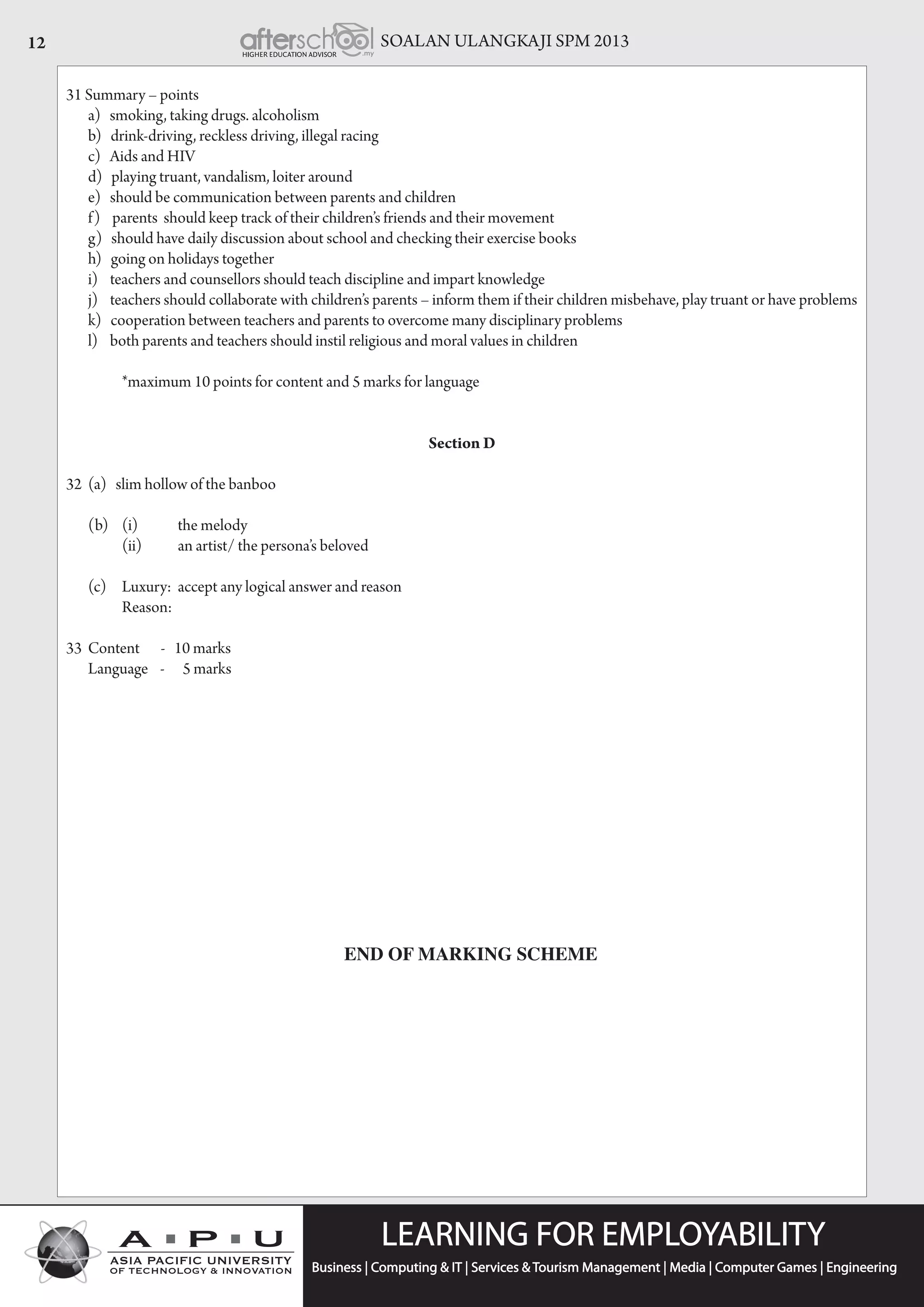 SOALAN ULANGKAJI SPM 201312
31 Summary – points
	 a) smoking, taking drugs. alcoholism
	 b) drink-driving, reckless driving, illegal racing
	 c)   Aids and HIV
	 d) playing truant, vandalism, loiter around
	 e) should be communication between parents and children
	 f)    parents  should keep track of their children’s friends and their movement
	 g) should have daily discussion about school and checking their exercise books
	 h) going on holidays together
	 i) teachers and counsellors should teach discipline and impart knowledge
	 j)    teachers should collaborate with children’s parents – inform them if their children misbehave, play truant or have problems
	 k) cooperation between teachers and parents to overcome many disciplinary problems
	 l) both parents and teachers should instil religious and moral values in children
		
		 *maximum 10 points for content and 5 marks for language
Section D
32	 (a) slim hollow of the banboo
	
	 (b)	 (i) 	 the melody
	 	 (ii)  	 an artist/ the persona’s beloved
	 (c)  	 Luxury:	 accept any logical answer and reason
		 Reason:
33	 Content - 10 marks
	 Language    -      5 marks	
END OF MARKING SCHEME
 