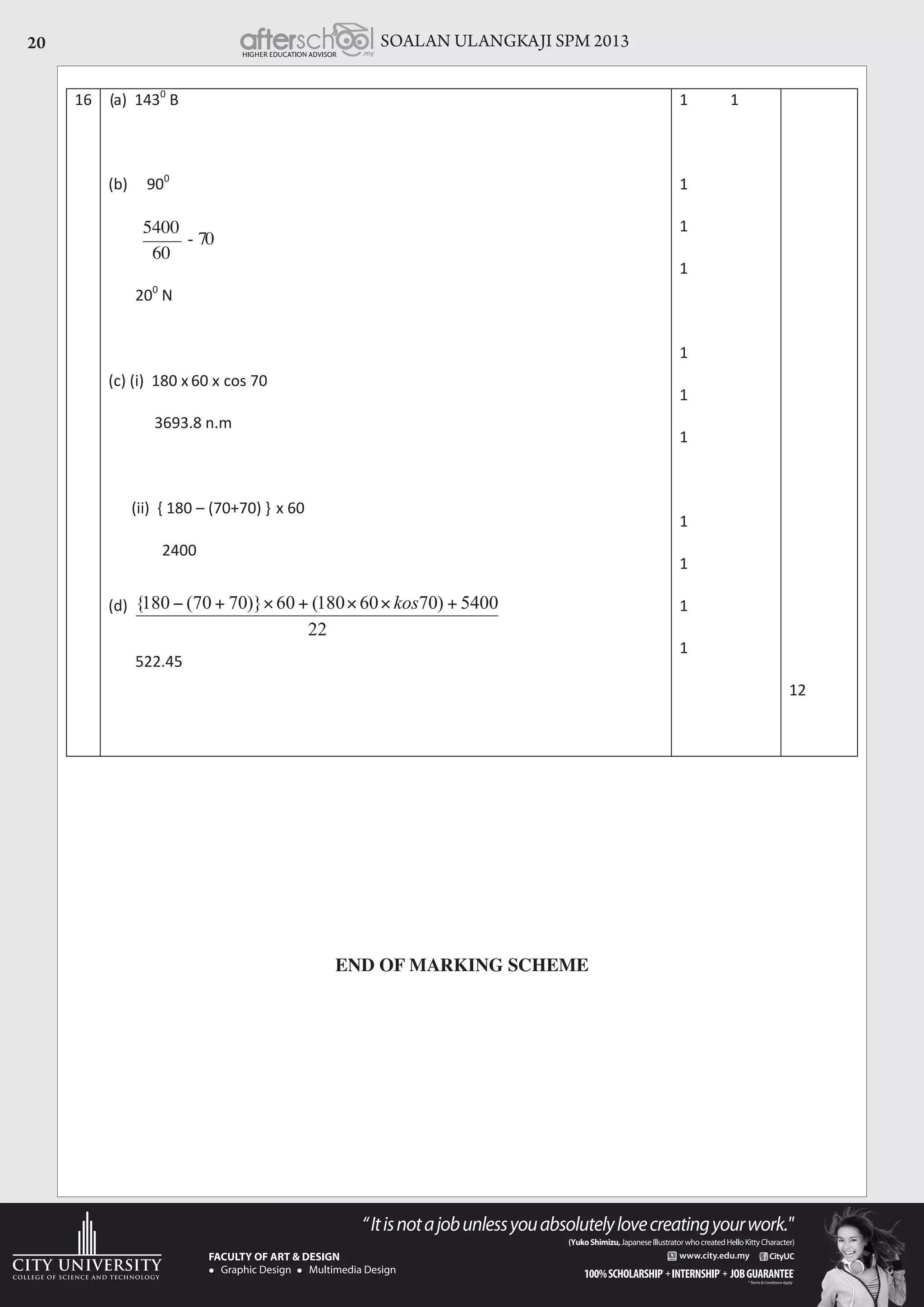 SOALAN ULANGKAJI SPM 201320
16 (a) 1430
B
(b) 900
- 70
60
5400
200
N
(c) (i) 180 x 60 x cos 70
3693.8 n.m
(ii) { 180 – (70+70) } x 60
2400
(d)
522.45
1 1
1
1
1
1
1
1
1
1
1
1
12
22
5400)7060180(60)}7070(180{ +++ kos
END OF MARKING SCHEME
 