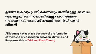 All learning takes place because of the formation
of the bond or connection between stimulus and
Response. this is Trial and Error Theory
ഉത്തേജകവും പ്രതികരണവും തമ്മിലുള്ള ബന്ധo
രൂപപ്പെടുന്നതിനാലാണ് എല്ലാ പഠനങ്ങളും
നടക്കുന്നത്. ഇതാണ് ട്രയൽ ആൻഡ് എറർ
തിയറി
 