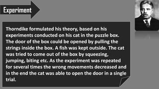 Thorndike formulated his theory, based on his
experiments conducted on his cat in the puzzle box.
The door of the box could be opened by pulling the
strings inside the box. A fish was kept outside. The cat
was tried to come out of the box by squeezing,
jumping, biting etc. As the experiment was repeated
for several times the wrong movements decreased and
in the end the cat was able to open the door in a single
trial.
Experiment
 