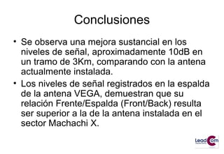 Conclusiones
• Se observa una mejora sustancial en los
niveles de señal, aproximadamente 10dB en
un tramo de 3Km, comparando con la antena
actualmente instalada.
• Los niveles de señal registrados en la espalda
de la antena VEGA, demuestran que su
relación Frente/Espalda (Front/Back) resulta
ser superior a la de la antena instalada en el
sector Machachi X.
 