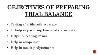 • Testing of arithmetic accuracy.
• To help in preparing Financial statements.
• Helps in locating errors.
• Help in comparison.
• Help in making adjustments.
 