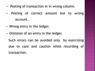 -- Posting of transaction in in wrong column.
-- Posting of correct amount but to wrong
account.
-- Wrong entry in the ledger.
-- Omission of an entry in the ledger.
Such errors can be avoided only by exercising
due to care and caution while recording of
transaction.
 
