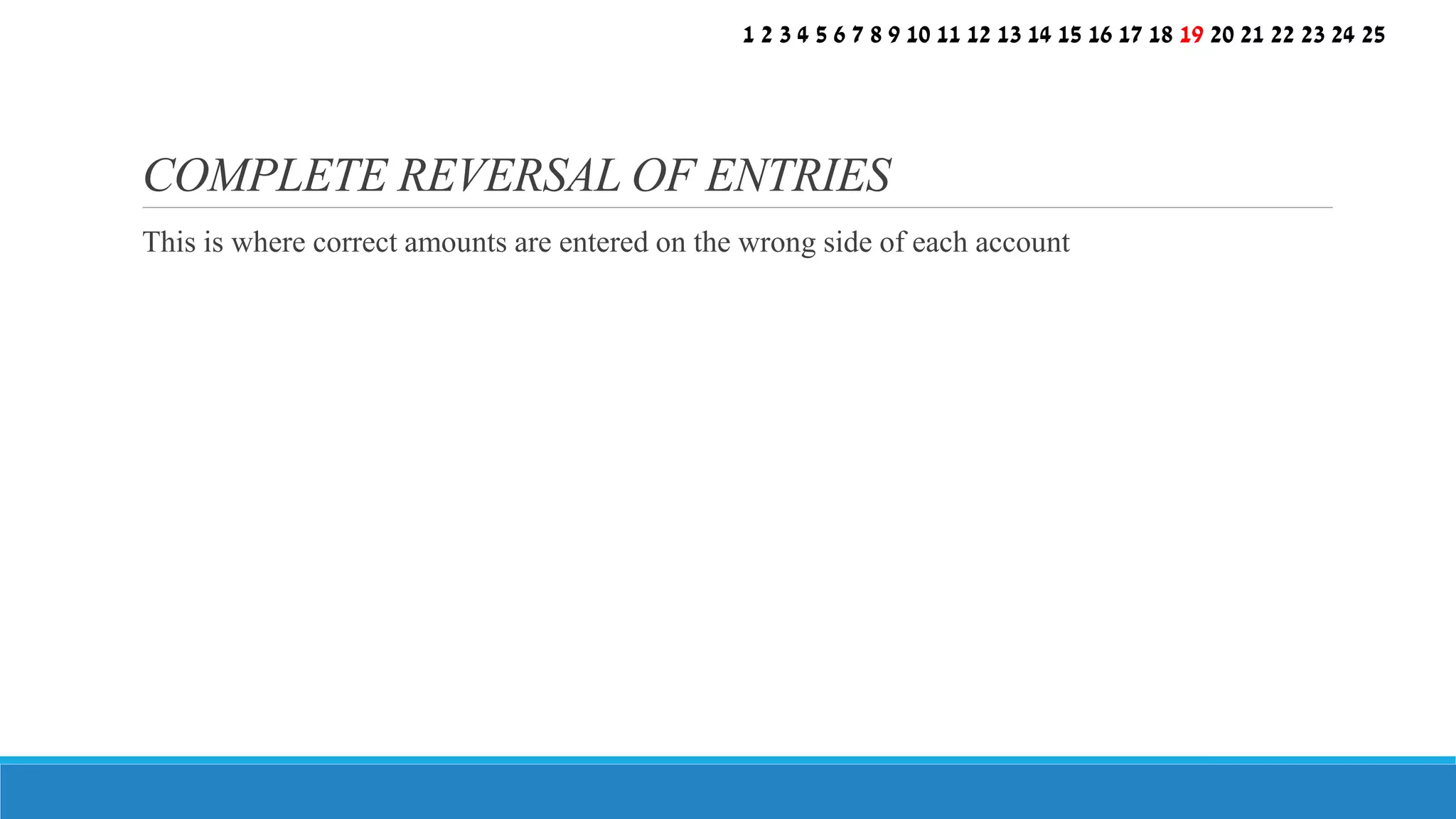 This is where correct amounts are entered on the wrong side of each account
COMPLETE REVERSAL OF ENTRIES
1 2 3 4 5 6 7 8 9 10 11 12 13 14 15 16 17 18 19 20 21 22 23 24 25
 