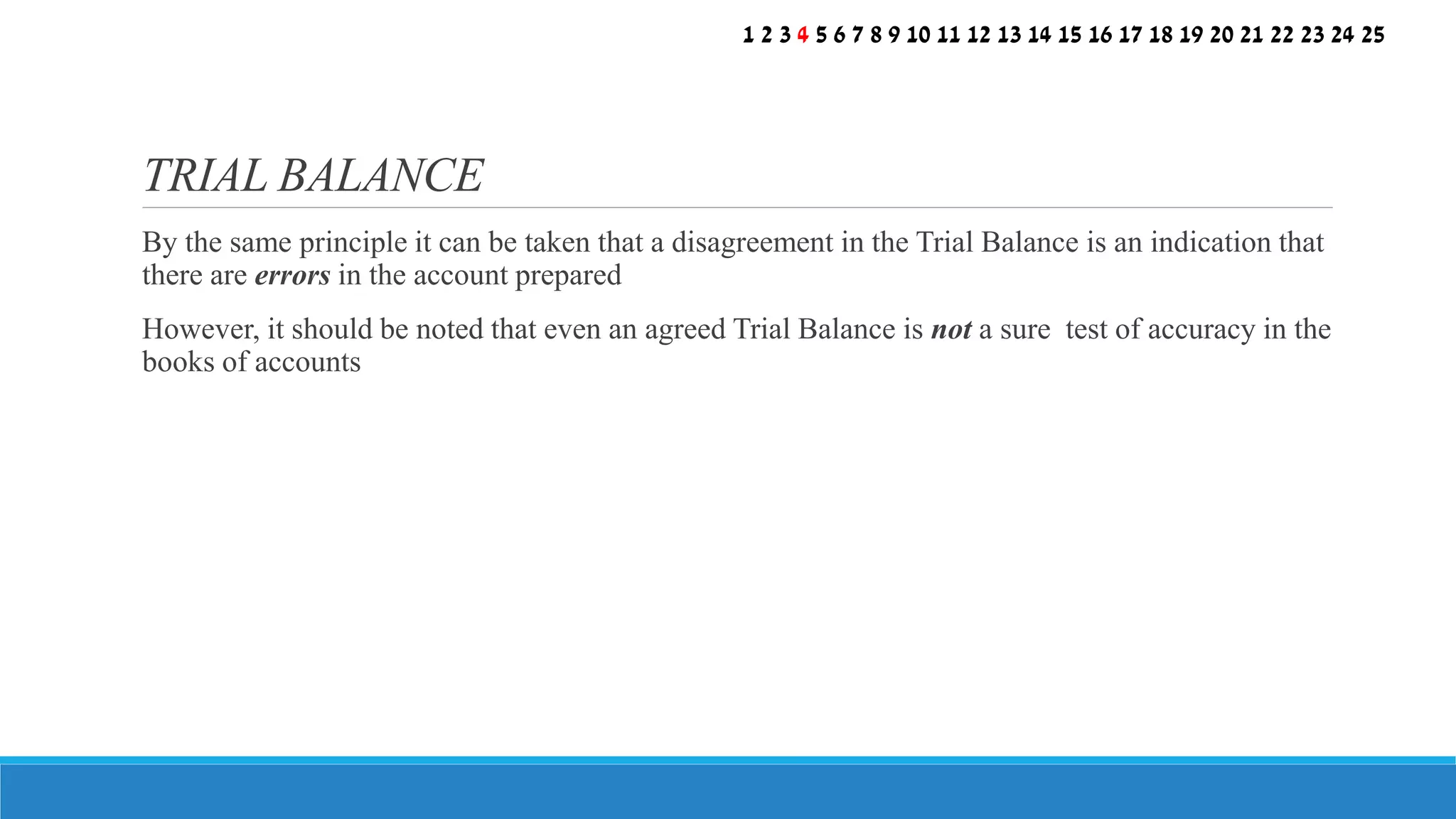 By the same principle it can be taken that a disagreement in the Trial Balance is an indication that
there are errors in the account prepared
However, it should be noted that even an agreed Trial Balance is not a sure test of accuracy in the
books of accounts
TRIAL BALANCE
1 2 3 4 5 6 7 8 9 10 11 12 13 14 15 16 17 18 19 20 21 22 23 24 25
 