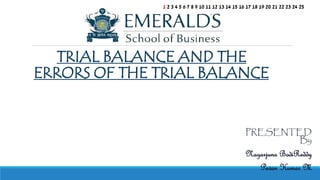 TRIAL BALANCE AND THE
ERRORS OF THE TRIAL BALANCE
PRESENTED
By
Nagarjuna BodiReddy
Pavan Kumar M
1 2 3 4 5 6 7 8 9 10 11 12 13 14 15 16 17 18 19 20 21 22 23 24 25
 