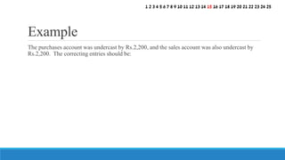 The purchases account was undercast by Rs.2,200, and the sales account was also undercast by
Rs.2,200. The correcting entries should be:
Example
1 2 3 4 5 6 7 8 9 10 11 12 13 14 15 16 17 18 19 20 21 22 23 24 25
 