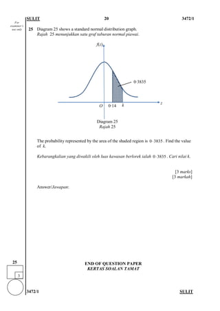 SULIT 20 3472/1 
3472/1 SULIT 
25 
Diagram 25 shows a standard normal distribution graph. 
Rajah 25 menunjukkan satu graf taburan normal piawai. 
The probability represented by the area of the shaded region is 03835⋅. Find the value of k. 
Kebarangkalian yang diwakili oleh luas kawasan berlorek ialah 03835⋅. Cari nilai k. 
[3 marks] 
[3 markah] 
Answer/Jawapan: 
END OF QUESTION PAPER 
KERTAS SOALAN TAMAT 
For examiner’s use only 
f(z) 
z 
k 
O 
0∙3835 
0∙14 
Diagram 25 
Rajah 25 
3 
25  