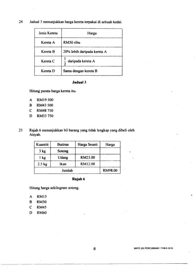 Matematik Trial Kelantan K1 2016
