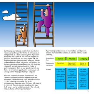 Partnerships and alliances contribute to shareholder       A partnership can be viewed an intermediate form between
value in several ways. They first of all offer access to   an open market and the bundling of activities within a single
competencies in a much faster way than if you were         company.
to develop these yourself. This reduces the payback
period of new ventures, thus reducing the risk. The        Organisation       Market             Alliance         Company
required capital is moreover lower since your partner      form
will shoulder part of the investment. This impacts the                       Transaction        Agreement/         Merger or
                                                           Collaboration
Return on Investment as well as on the risk of getting                                          joint venture      take-over
                                                           mechanism
stuck with wrong investment choices. Finally, a
partnership opens doors to new growth markets and
hence to investment opportunities which would not          Features        Agreement with       Open-ended         One single
                                                                            a clear scope         contract         company
emerge within the scope of a single company.
                                                                           Limited mutual          Mutual        Control over all
Research conducted between 2000 and 2002 into                                dependency        dependence to       resources
almost 900 announcements of alliances by listed                                                 achieve goals
                                                                                                                   Internal
companies revealed that the stock price increased by                         No separate       Parties remain     operational
3.8 percent on average on the day of the                                   operational costs      separate       management
announcement. Two days later, this figure still stood at                                         companies
2.5 percent. The price increase was largest in high-                                                                Option of
tech sectors and for smaller companies that entered                                                 Shared         divestiture
                                                                                               decision making
into an alliance with a bigger company1.
                                                                                                                                 5
 