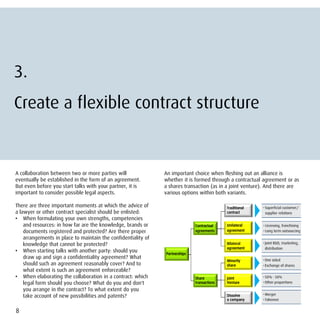 3.
Create a flexible contract structure


A collaboration between two or more parties will               An important choice when fleshing out an alliance is
eventually be established in the form of an agreement.         whether it is formed through a contractual agreement or as
But even before you start talks with your partner, it is       a shares transaction (as in a joint venture). And there are
important to consider possible legal aspects.                  various options within both variants.

There are three important moments at which the advice of                                     Traditional   • Superficial customer/
a lawyer or other contract specialist should be enlisted:                                    contract        supplier relations
• When formulating your own strengths, competencies
    and resources: in how far are the knowledge, brands or                    Contractual    Unilateral    • Licensing, franchising
    documents registered and protected? Are there proper                      agreements     agreement     • Long term outsourcing
    arrangements in place to maintain the confidentiality of
    knowledge that cannot be protected?                                                      Bilateral     • Joint R&D, marketing,
                                                                                             agreement       distribution
• When starting talks with another party: should you           Partnerships
    draw up and sign a confidentiality agreement? What                                                     • One sided
                                                                                             Minority
    should such an agreement reasonably cover? And to                                        share         • Exchange of shares
    what extent is such an agreement enforceable?
• When elaborating the collaboration in a contract: which                     Share          Joint         • 50% - 50%
    legal form should you choose? What do you and don't                       transactions   Venture       • Other proportions

    you arrange in the contract? To what extent do you
                                                                                                           • Merger
    take account of new possibilities and patents?                                           Dissolve
                                                                                             a company     • Takeover


8
 